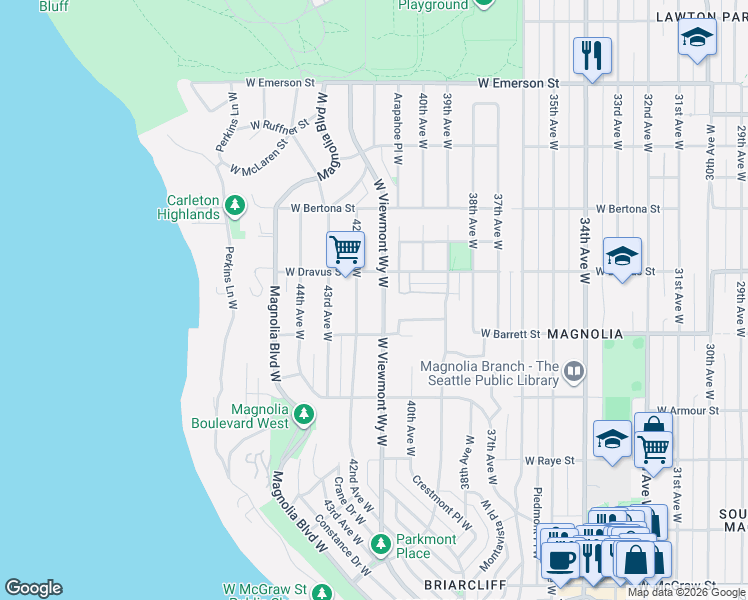 map of restaurants, bars, coffee shops, grocery stores, and more near 3022 42nd Avenue West in Seattle