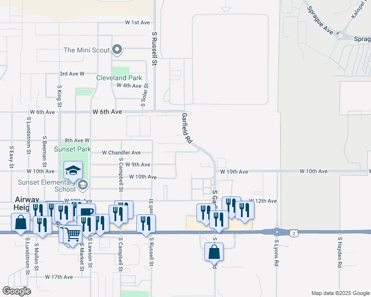 map of restaurants, bars, coffee shops, grocery stores, and more near 12109 West Chandler Avenue in Airway Heights