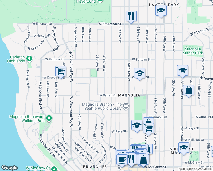 map of restaurants, bars, coffee shops, grocery stores, and more near 3020 37th Avenue West in Seattle