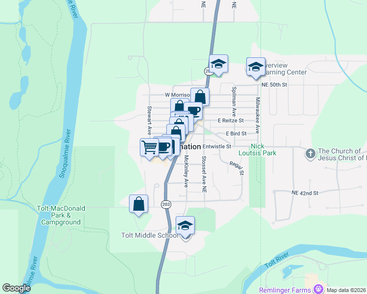 map of restaurants, bars, coffee shops, grocery stores, and more near 4502 Tolt Avenue in Carnation