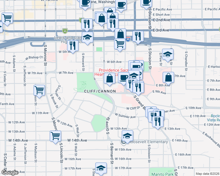 map of restaurants, bars, coffee shops, grocery stores, and more near 321 West 8th Avenue in Spokane