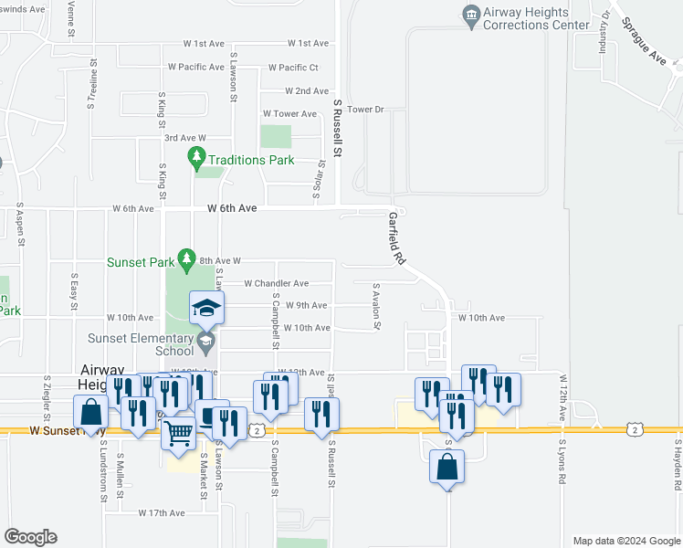 map of restaurants, bars, coffee shops, grocery stores, and more near 813 South Russell Street in Airway Heights