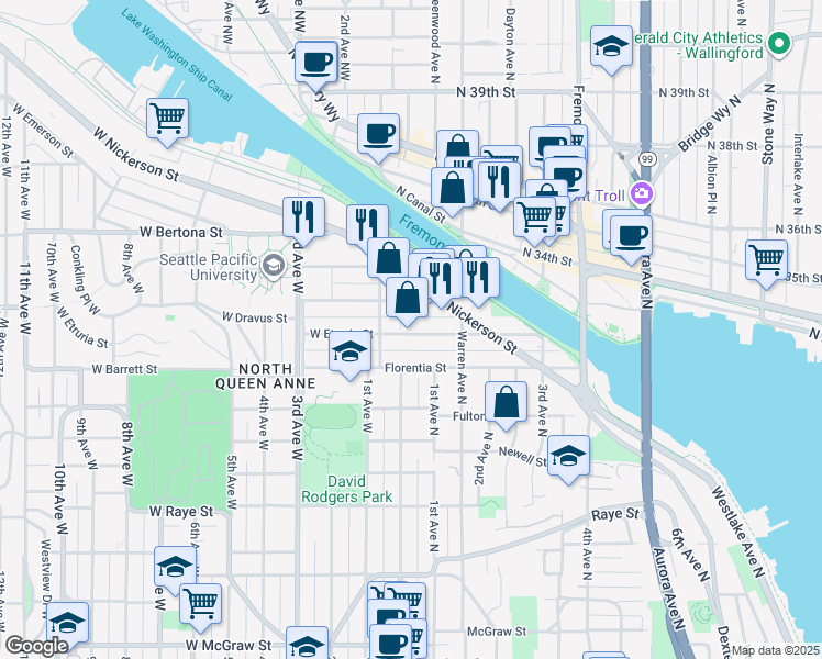 map of restaurants, bars, coffee shops, grocery stores, and more near 29 Etruria Street in Seattle
