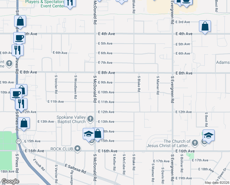 map of restaurants, bars, coffee shops, grocery stores, and more near 13223 East 11th Avenue in Spokane Valley