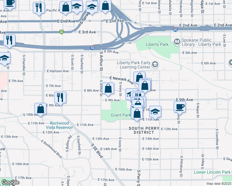 map of restaurants, bars, coffee shops, grocery stores, and more near 822 South Ivory Street in Spokane