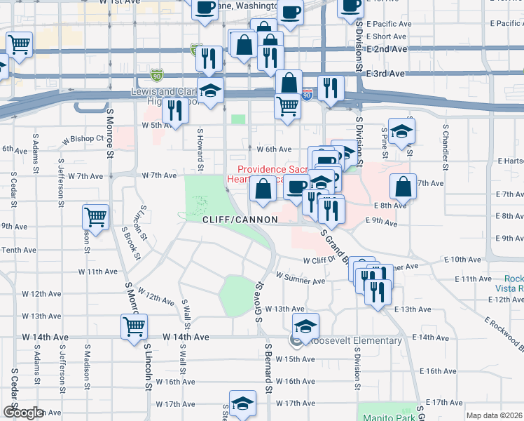 map of restaurants, bars, coffee shops, grocery stores, and more near 321 West 8th Avenue in Spokane