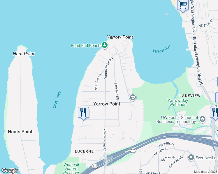 map of restaurants, bars, coffee shops, grocery stores, and more near 4218 92nd Avenue Northeast in Yarrow Point
