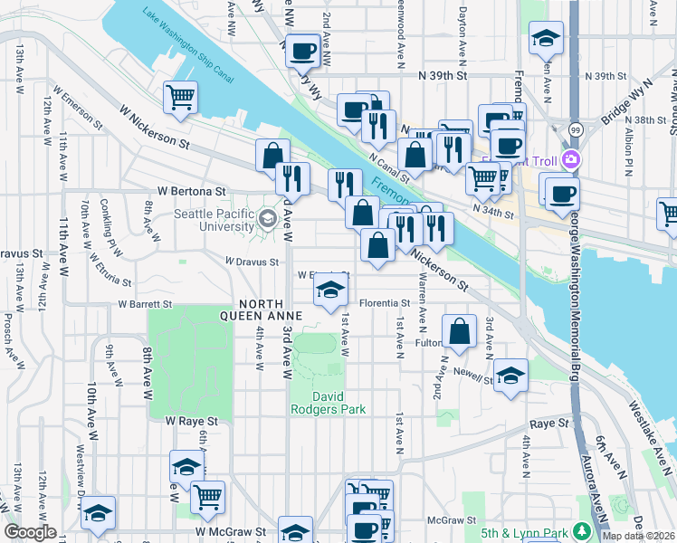 map of restaurants, bars, coffee shops, grocery stores, and more near 3015 Queen Anne Avenue North in Seattle