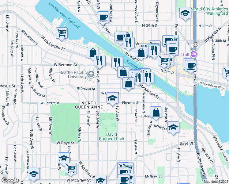map of restaurants, bars, coffee shops, grocery stores, and more near 3015 Queen Anne Avenue North in Seattle
