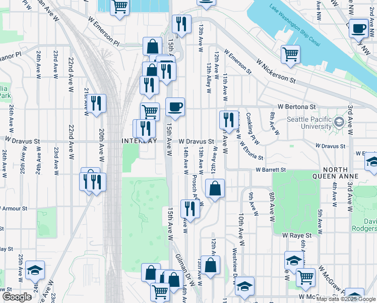 map of restaurants, bars, coffee shops, grocery stores, and more near 3030 14th Avenue West in Seattle