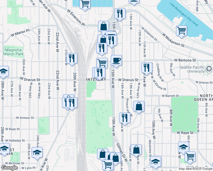 map of restaurants, bars, coffee shops, grocery stores, and more near 3036 16th Avenue West in Seattle