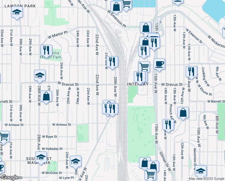 map of restaurants, bars, coffee shops, grocery stores, and more near 3031 20th Avenue West in Seattle