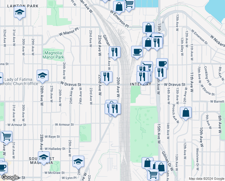 map of restaurants, bars, coffee shops, grocery stores, and more near 3027a 21st Avenue West in Seattle