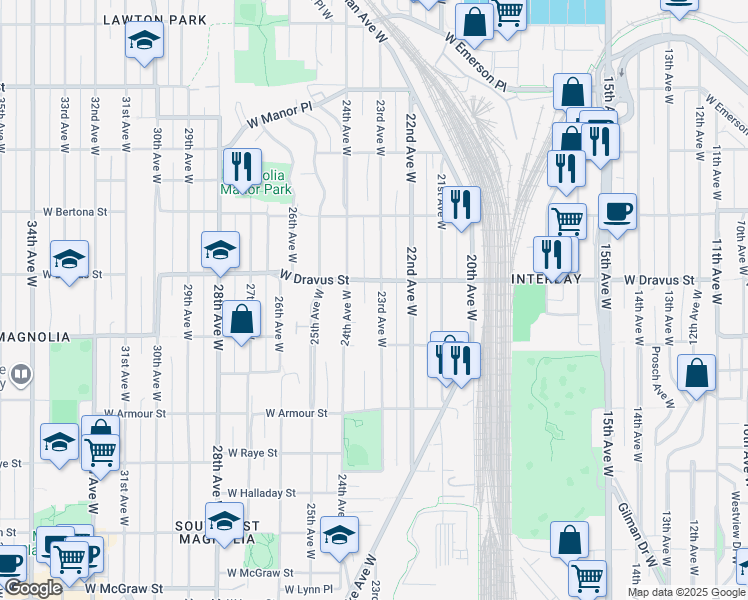 map of restaurants, bars, coffee shops, grocery stores, and more near 3029 23rd Avenue West in Seattle