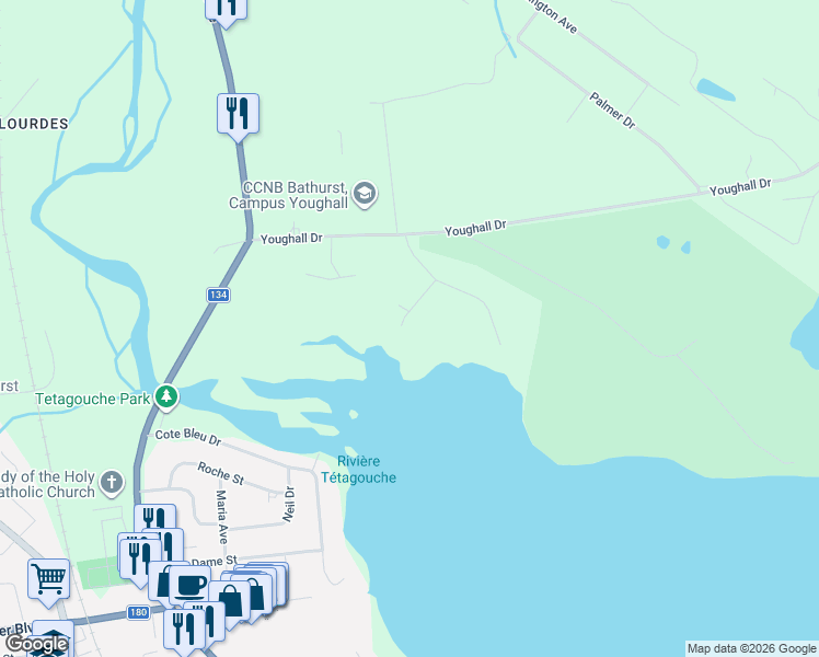 map of restaurants, bars, coffee shops, grocery stores, and more near 115 Fairview Court in Bathurst