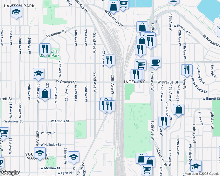 map of restaurants, bars, coffee shops, grocery stores, and more near 3031 20th Avenue West in Seattle