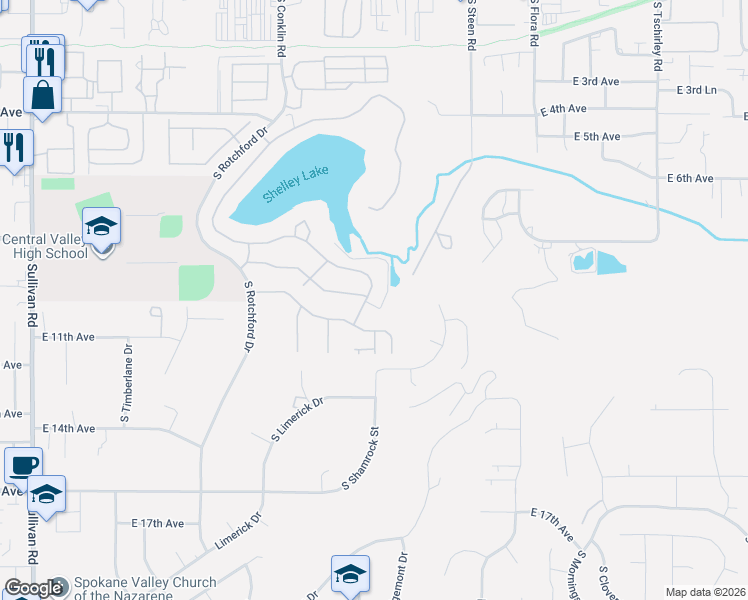 map of restaurants, bars, coffee shops, grocery stores, and more near 16603 East 10th Lane in Spokane Valley