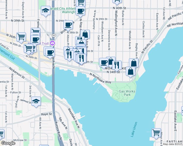 map of restaurants, bars, coffee shops, grocery stores, and more near 1340 North Northlake Way in Seattle