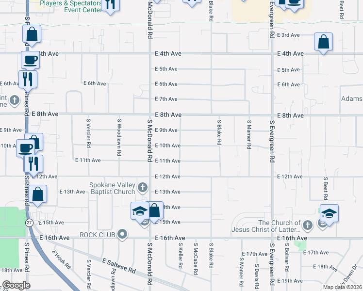 map of restaurants, bars, coffee shops, grocery stores, and more near 13223 East 11th Avenue in Spokane Valley