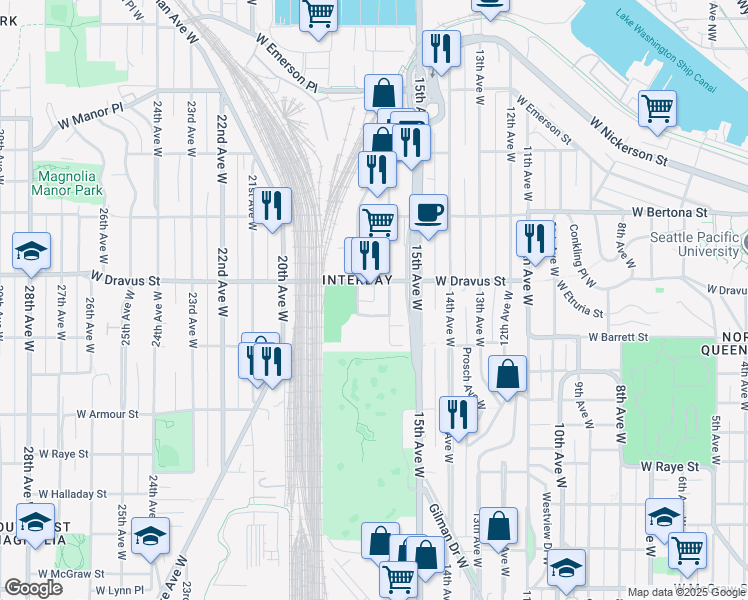 map of restaurants, bars, coffee shops, grocery stores, and more near 3036 16th Avenue West in Seattle