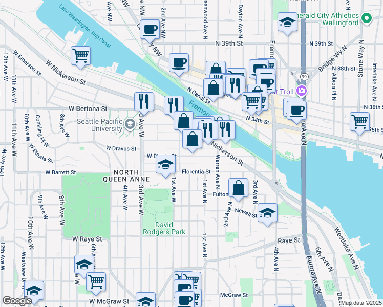 map of restaurants, bars, coffee shops, grocery stores, and more near 24 Etruria Street in Seattle