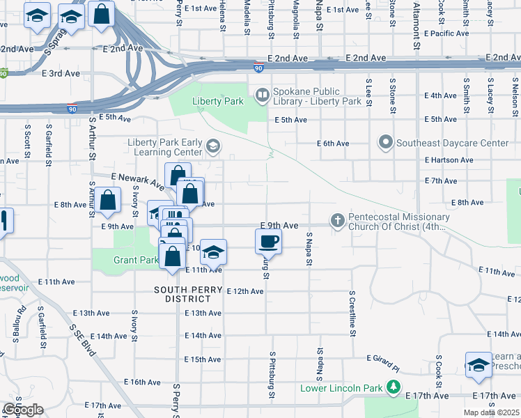 map of restaurants, bars, coffee shops, grocery stores, and more near 1724 East 8th Avenue in Spokane