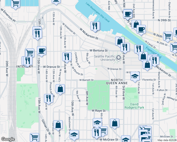 map of restaurants, bars, coffee shops, grocery stores, and more near 715 West Etruria Street in Seattle