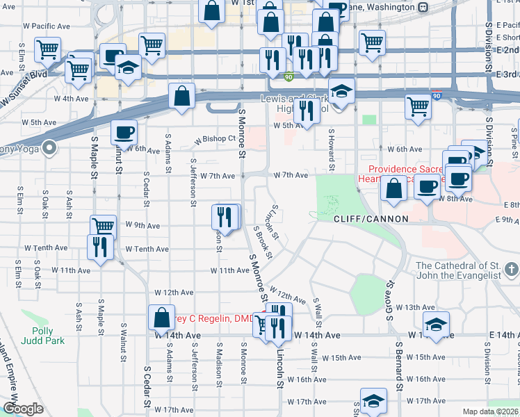 map of restaurants, bars, coffee shops, grocery stores, and more near 830 South Lincoln Place in Spokane