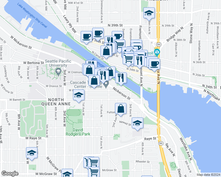 map of restaurants, bars, coffee shops, grocery stores, and more near 63 Etruria Street in Seattle