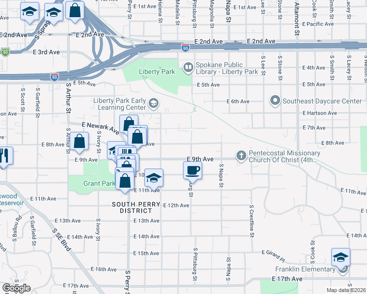 map of restaurants, bars, coffee shops, grocery stores, and more near 1707 East 9th Avenue in Spokane