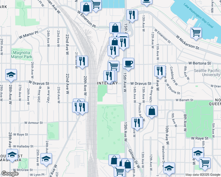 map of restaurants, bars, coffee shops, grocery stores, and more near 3046 17th Avenue West in Seattle