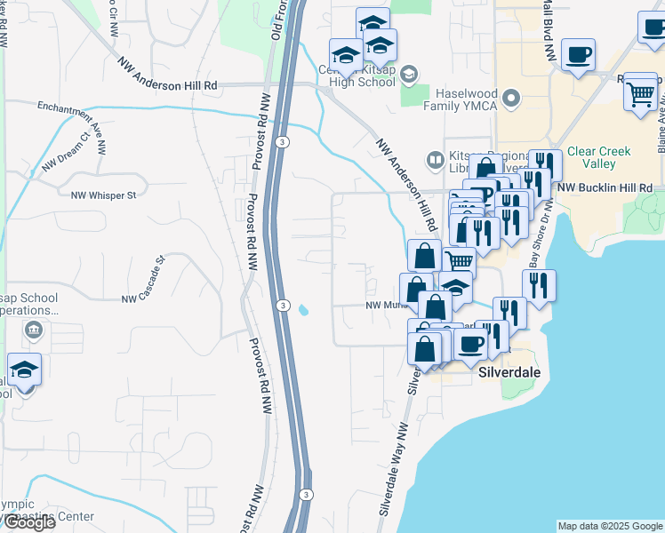 map of restaurants, bars, coffee shops, grocery stores, and more near Silverdale Loop Road Northwest in Silverdale