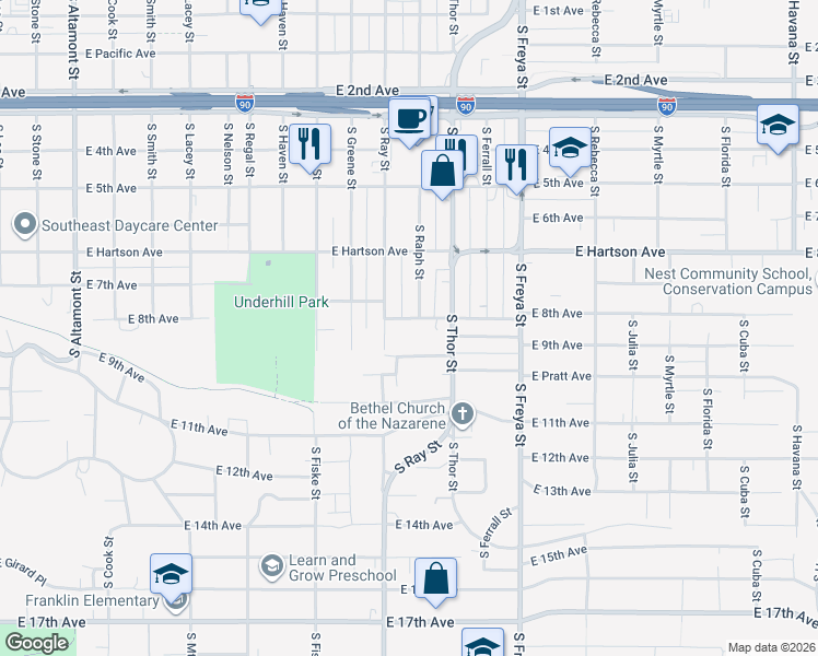map of restaurants, bars, coffee shops, grocery stores, and more near 3303 East 9th Avenue in Spokane