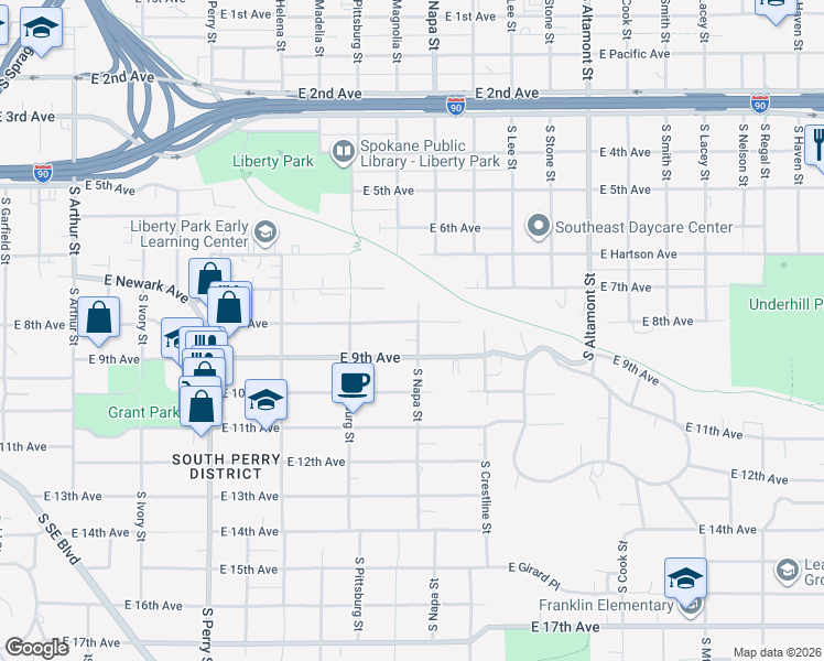 map of restaurants, bars, coffee shops, grocery stores, and more near 1851 East 9th Avenue in Spokane