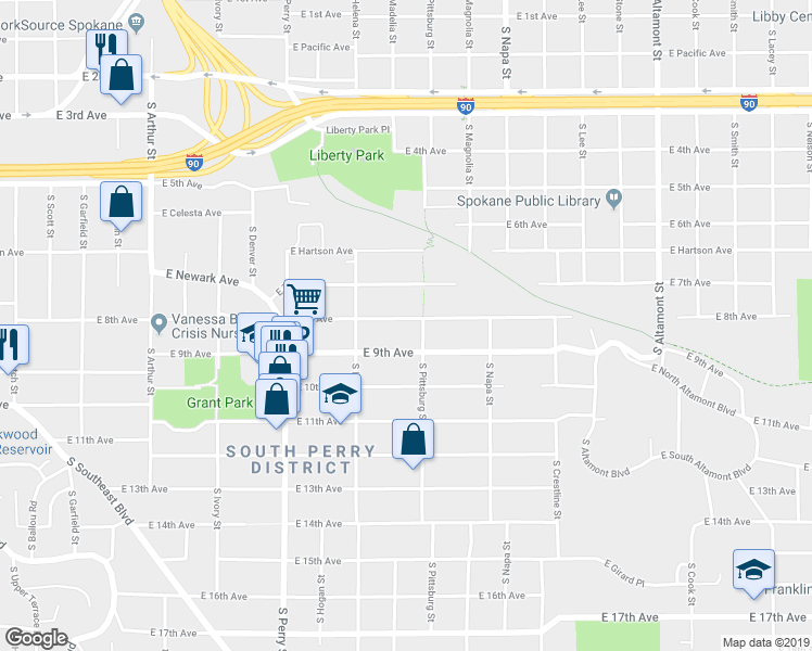 map of restaurants, bars, coffee shops, grocery stores, and more near 1707 East 9th Avenue in Spokane