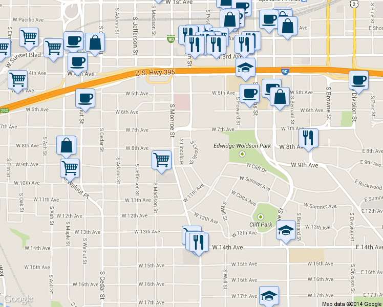 map of restaurants, bars, coffee shops, grocery stores, and more near 831 South Lincoln Street in Spokane