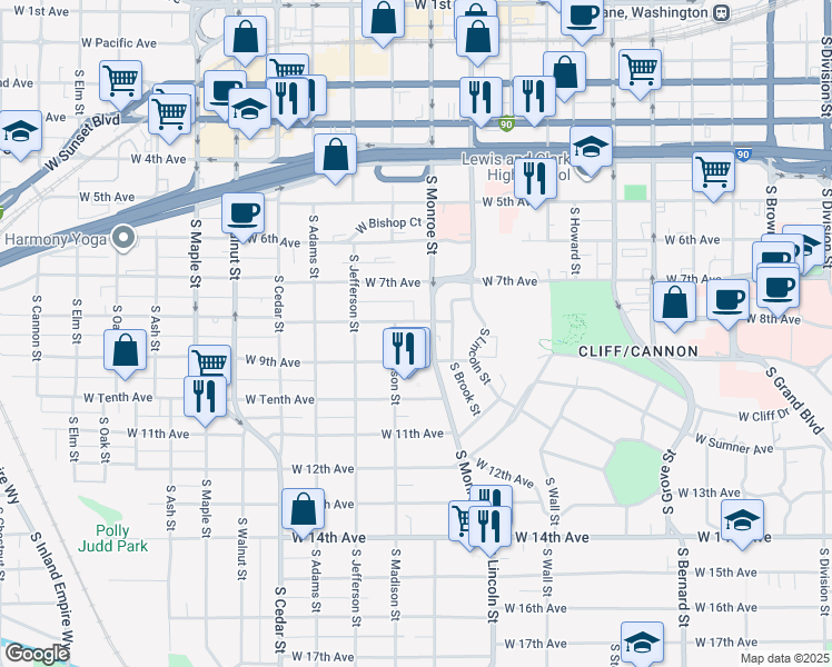 map of restaurants, bars, coffee shops, grocery stores, and more near 1022 West 9th Avenue in Spokane