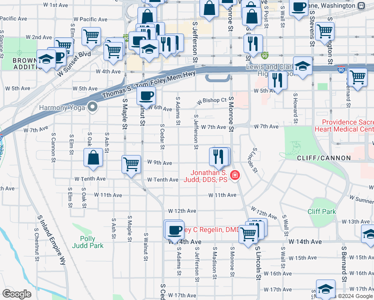 map of restaurants, bars, coffee shops, grocery stores, and more near 817 South Adams Street in Spokane