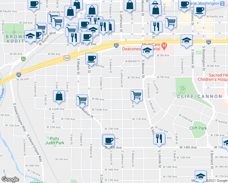 map of restaurants, bars, coffee shops, grocery stores, and more near 817 South Adams Street in Spokane