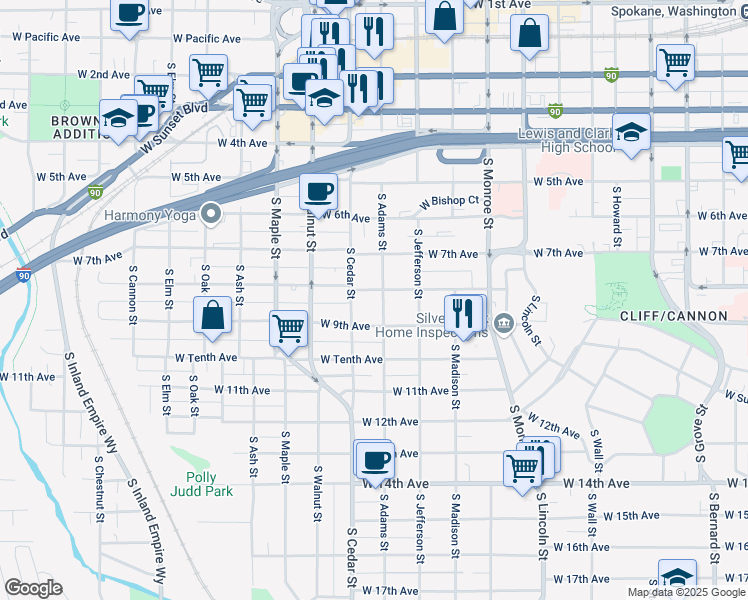 map of restaurants, bars, coffee shops, grocery stores, and more near 1324 West 9th Avenue in Spokane