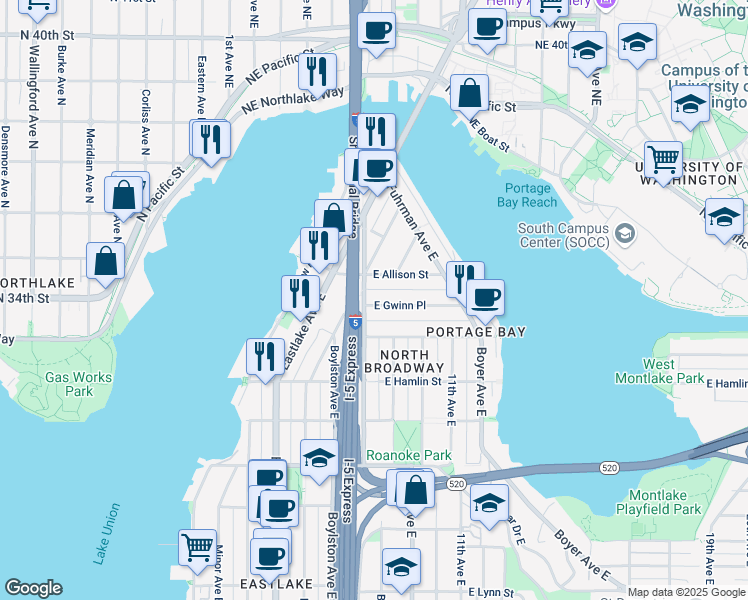 map of restaurants, bars, coffee shops, grocery stores, and more near 2914 Harvard Avenue East in Seattle