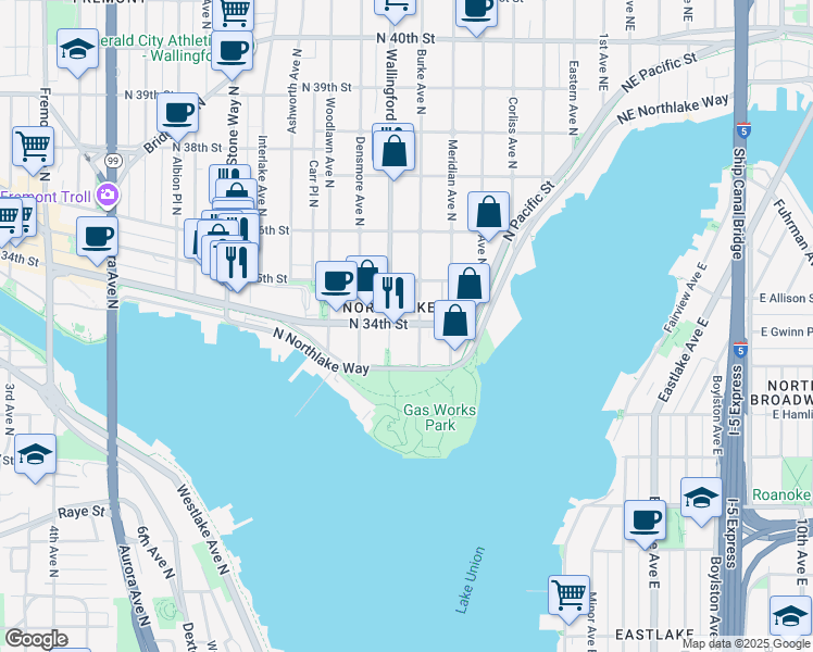 map of restaurants, bars, coffee shops, grocery stores, and more near 3325 Burke Avenue North in Seattle