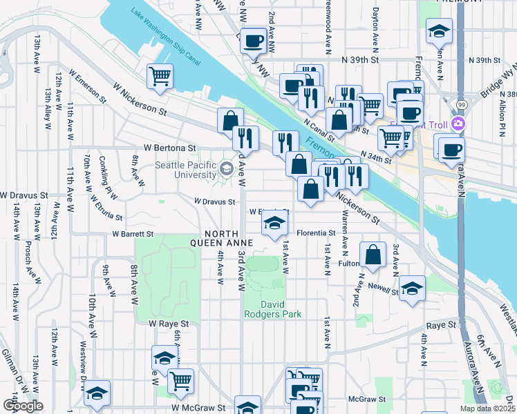 map of restaurants, bars, coffee shops, grocery stores, and more near 41 Etruria Street in Seattle