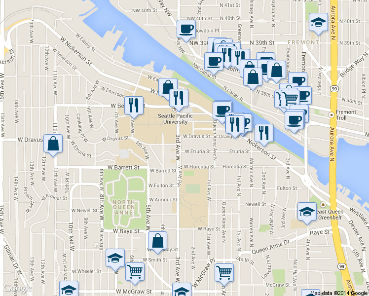 map of restaurants, bars, coffee shops, grocery stores, and more near in Seattle