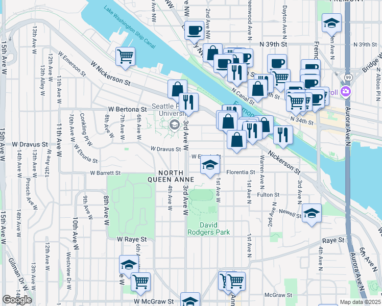 map of restaurants, bars, coffee shops, grocery stores, and more near in Seattle