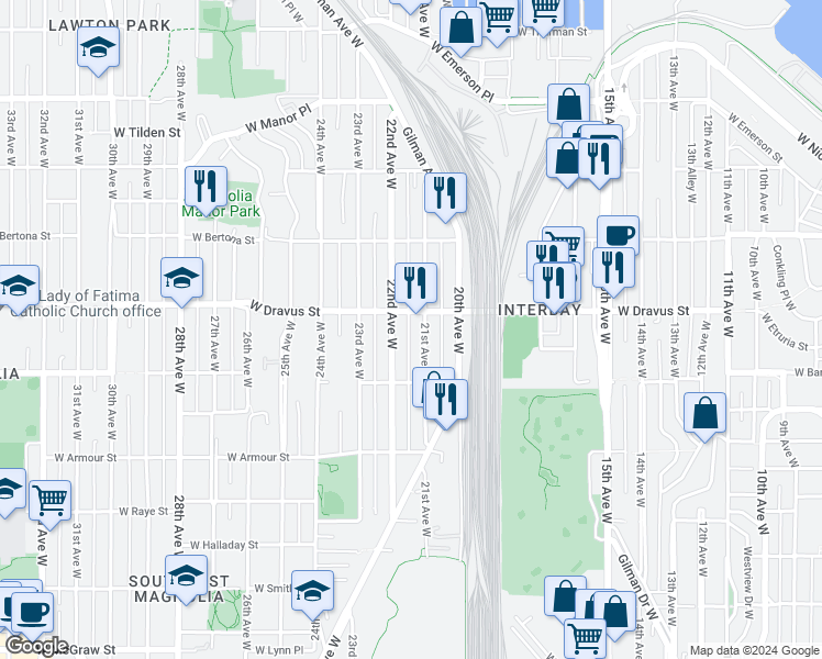 map of restaurants, bars, coffee shops, grocery stores, and more near 3027a 21st Avenue West in Seattle