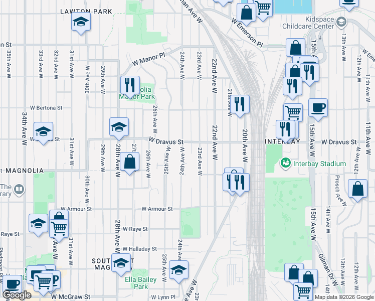 map of restaurants, bars, coffee shops, grocery stores, and more near 3029 23rd Avenue West in Seattle