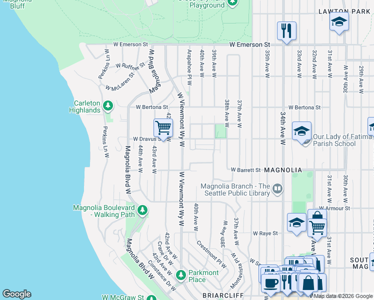 map of restaurants, bars, coffee shops, grocery stores, and more near 3942 West Barrett Street in Seattle