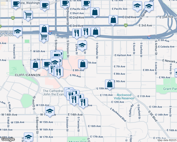 map of restaurants, bars, coffee shops, grocery stores, and more near 837 South Cowley Street in Spokane