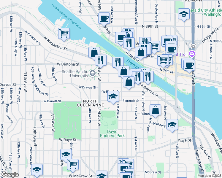 map of restaurants, bars, coffee shops, grocery stores, and more near 34 West Etruria Street in Seattle